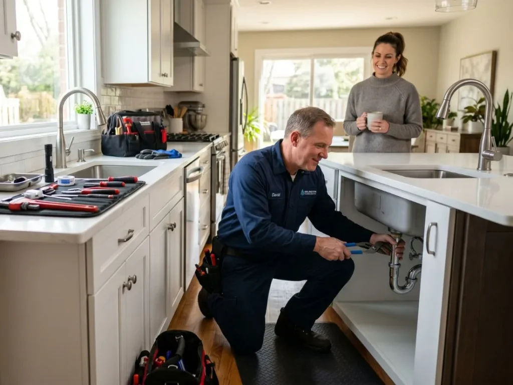 Plumber Arlington Heights repairing a residential kitchen sink