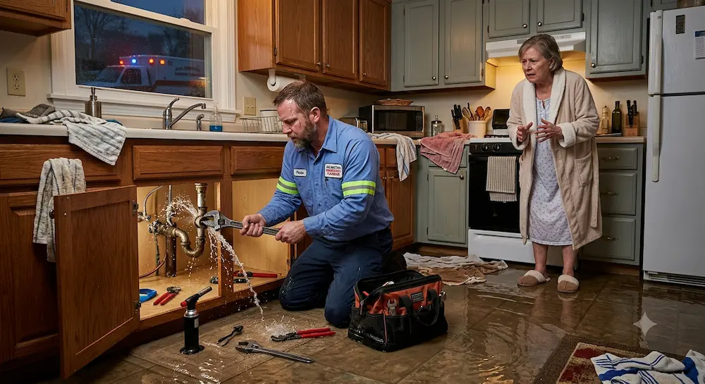 emergency plumber arlington heights fixing a burst pipe in a basement