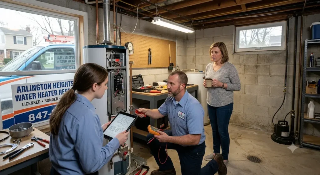 water heater repair arlington heights plumber diagnosing a leak