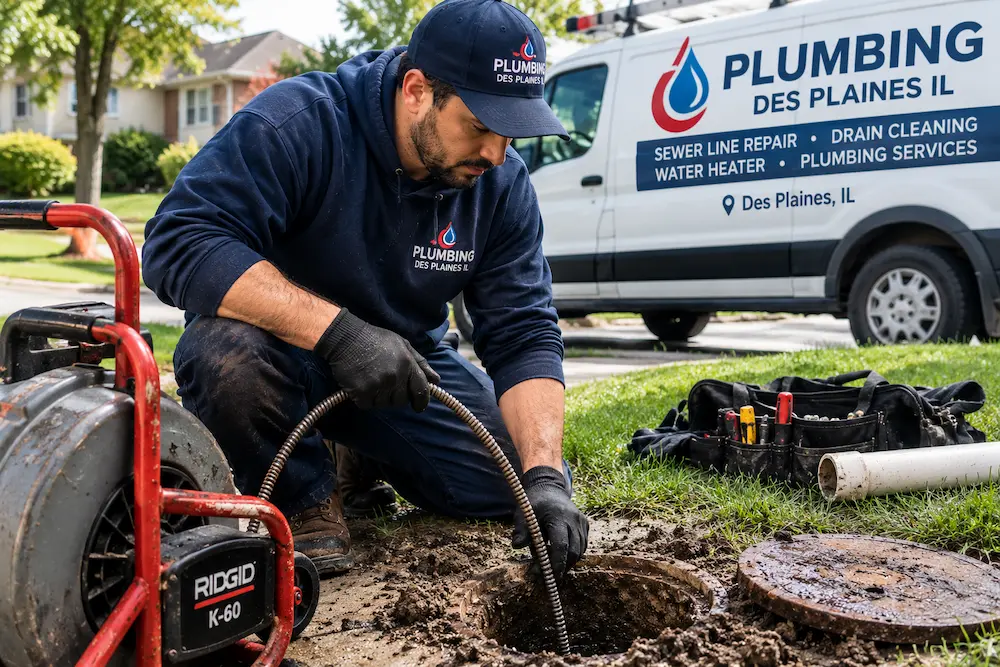 Plumber Des Plaines IL performing sewer line repair outdoors