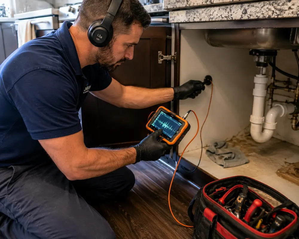 Plumber Hanover Park IL using leak detection equipment under sink