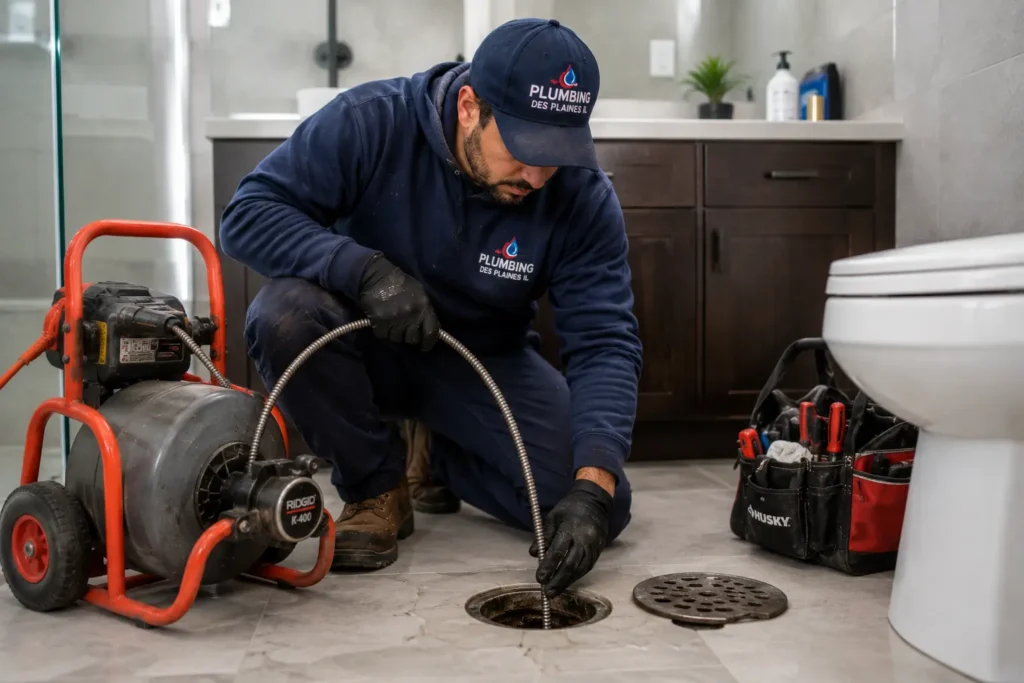 Plumber Hoffman Estates IL performing drain cleaning near toilet