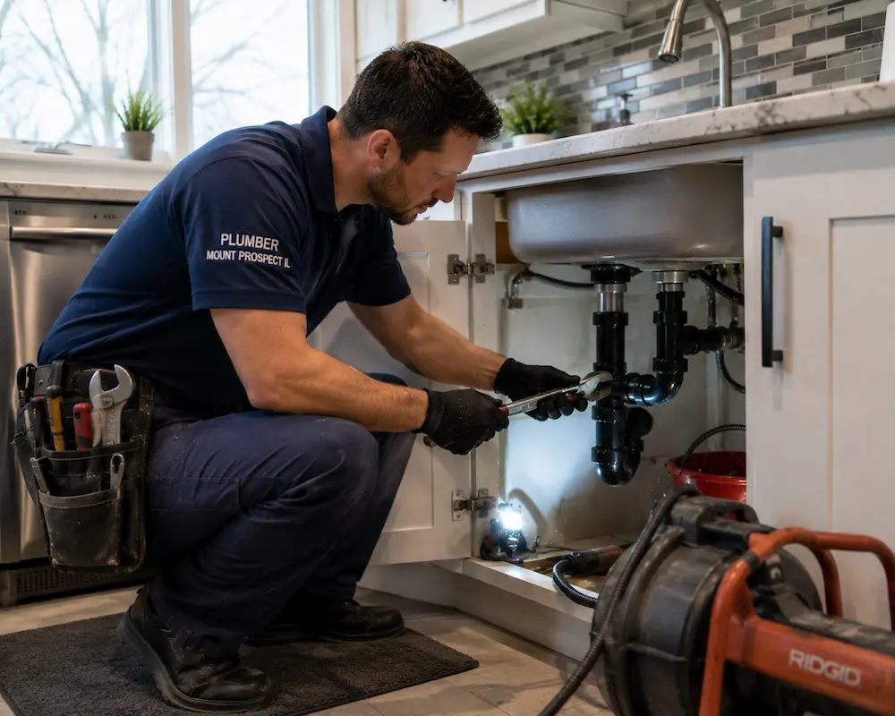 Plumber Mount Prospect IL performing drain cleaning under sink