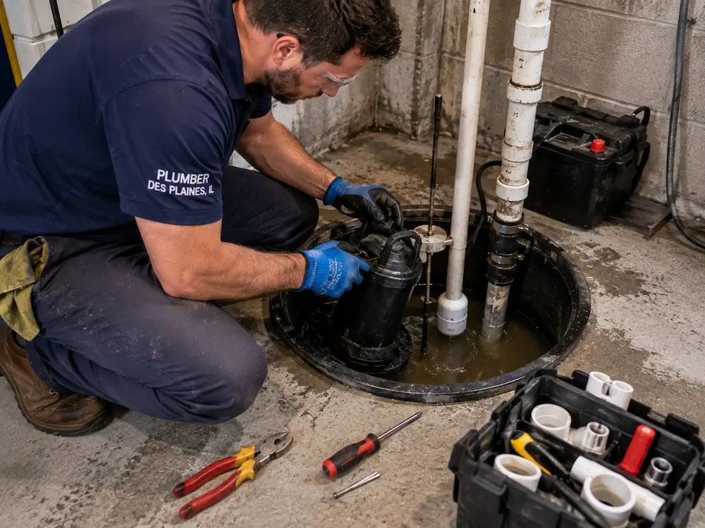 Plumber Northbrook IL installing sump pump in basement