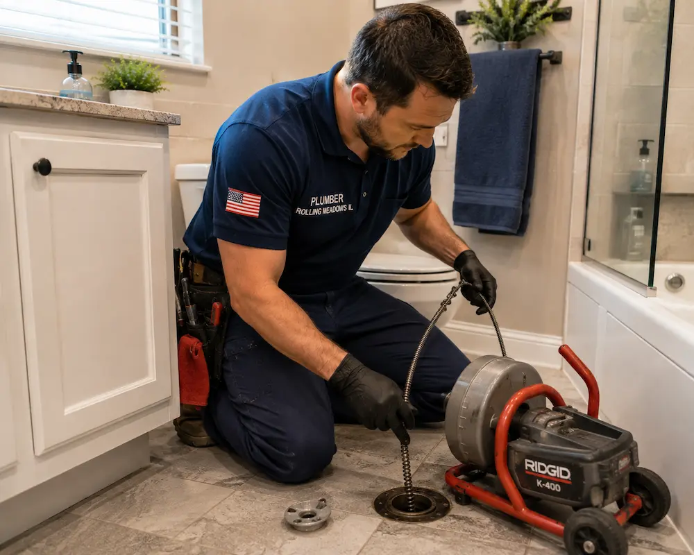 Plumber Rolling Meadows IL performing drain cleaning with machine