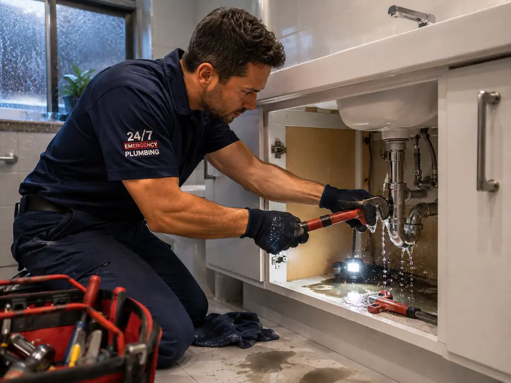 Plumber soldering copper pipe with torch during repair
